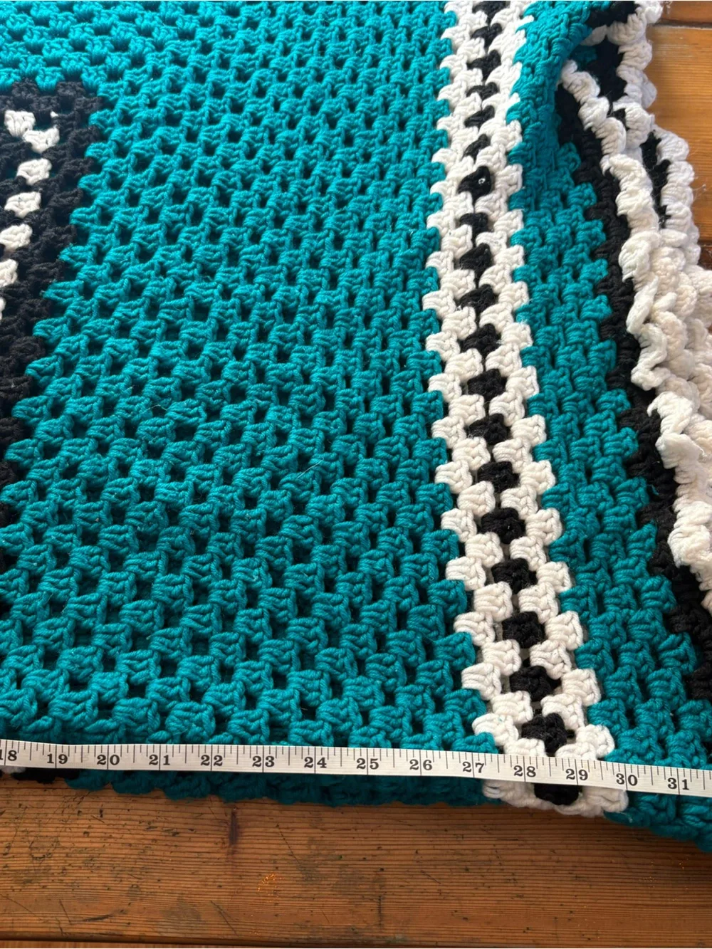 Handmade Teal Crochet Granny Square Blanket with White and Black Accent